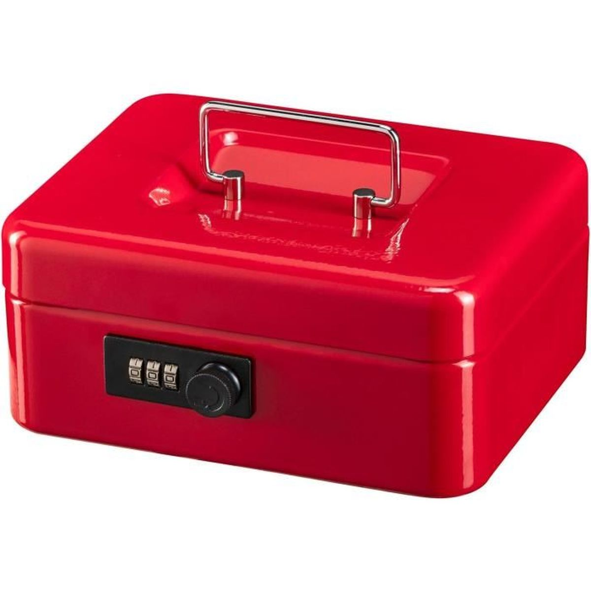 Eine glänzende rote Metall-Geldkassette mit einem silbernen Metallgriff und einem schwarzen Kombinationsschloss.