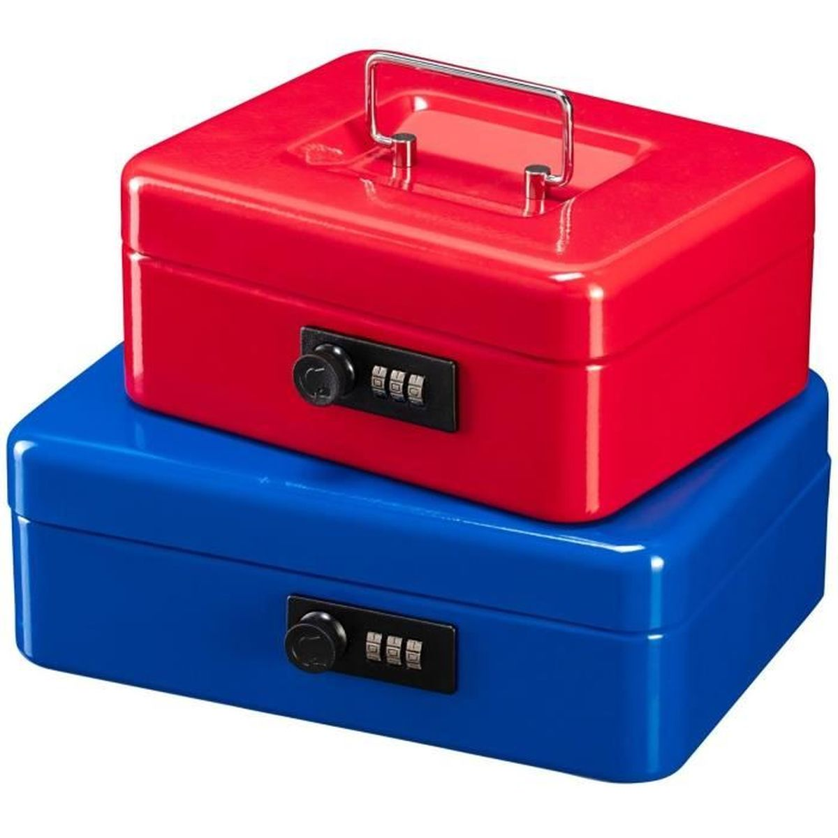 Eine rote Kasse mit Metallgriff liegt auf einer blauen Kasse, beide mit schwarzen Zahlenschlössern.