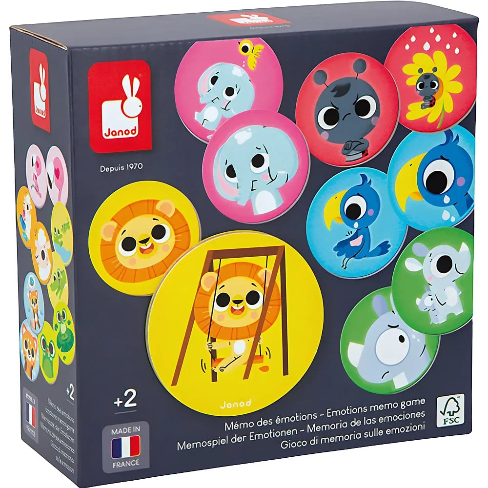 Janod Emotions Memo Spiel Box mit bunten Karten, die verschiedene Tiere mit unterschiedlichen Gefühlen zeigen.