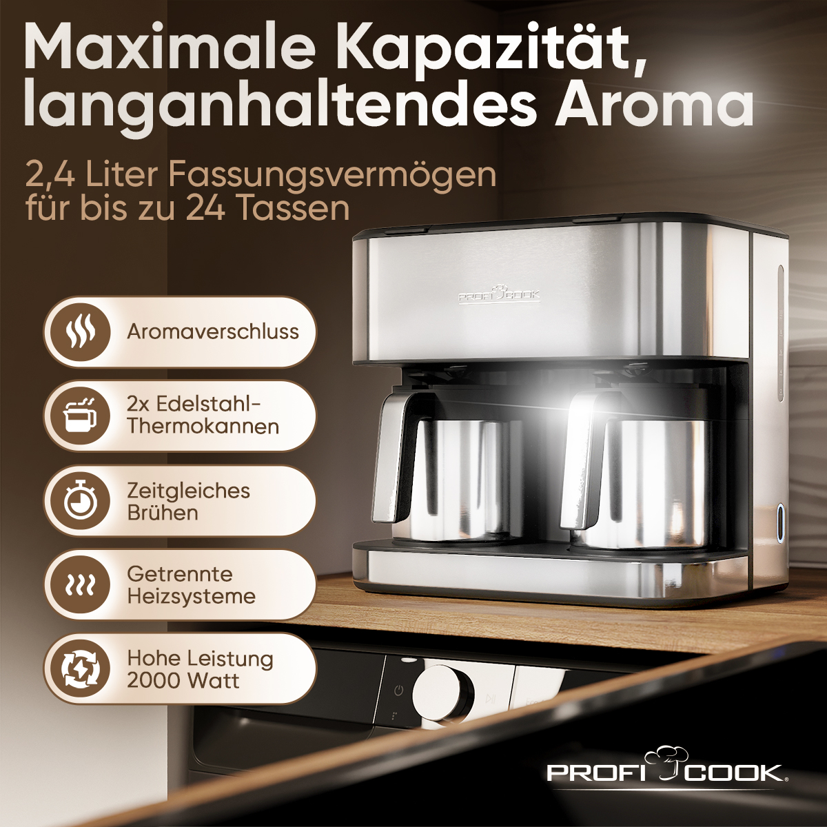 Edelstahl-Filterkaffeemaschine mit zwei Thermokannen auf einer Holzarbeitsplatte, umgeben von Produkttexten.
