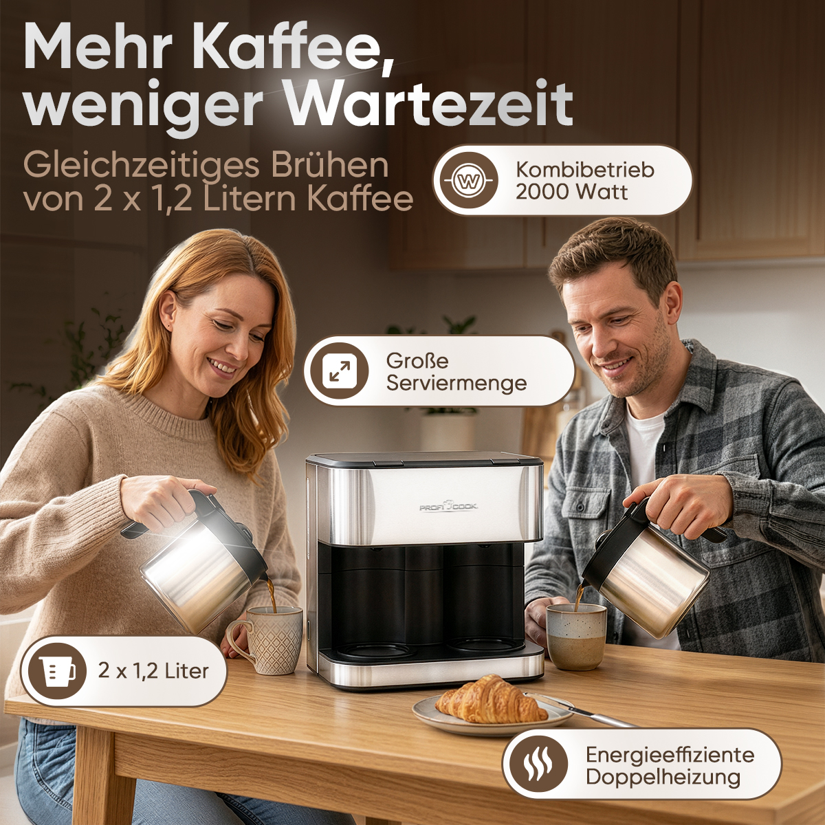 Ein Paar gießt Kaffee aus zwei Kannen in Tassen vor einer Kaffeemaschine.