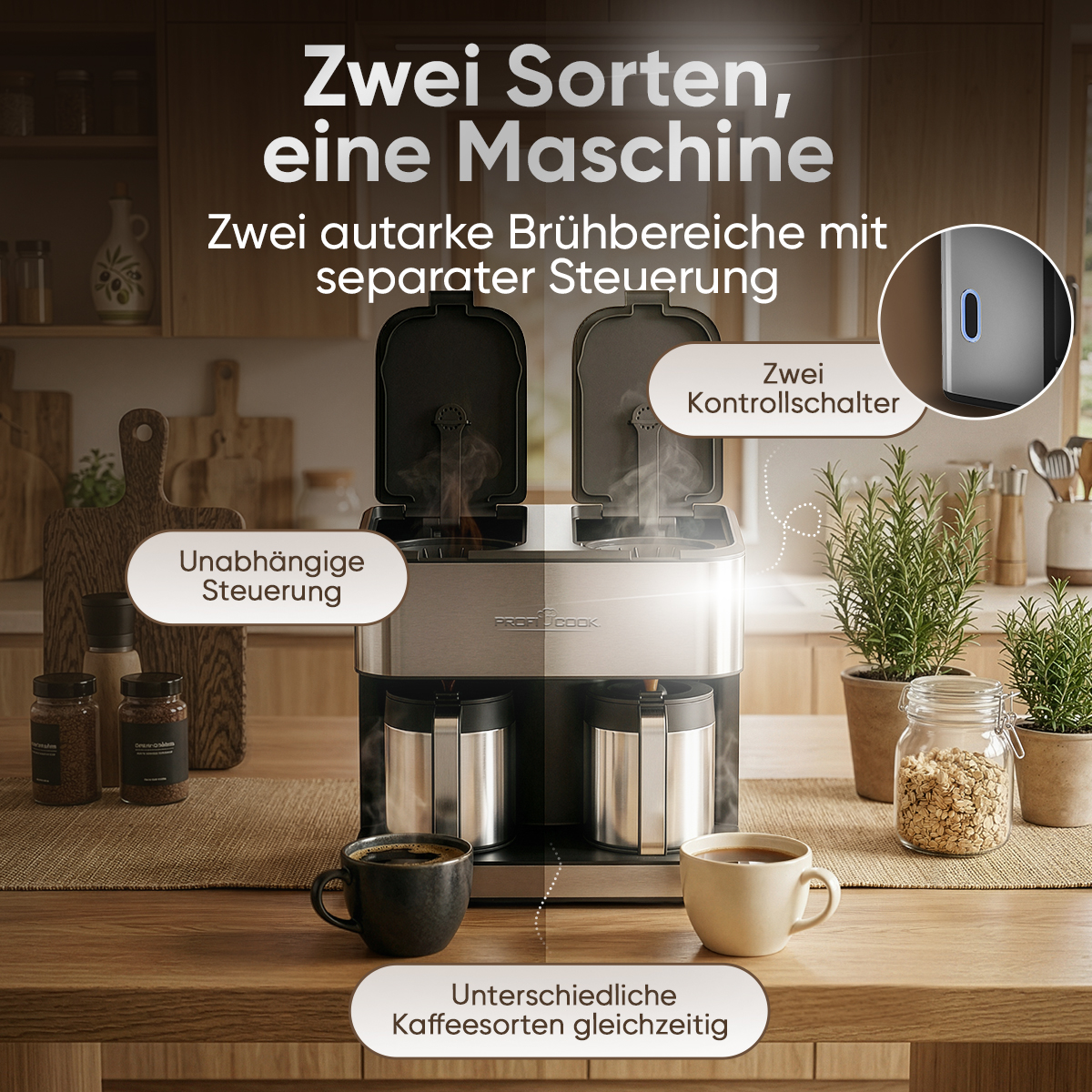 Eine Doppel-Kaffeemaschine auf einer Küchentheke mit deutschen Texten, die die Brühfunktionen erklären.