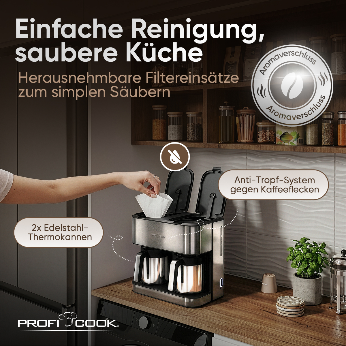 Doppelkaffeemaschine mit Edelstahl-Thermokannen in einer modernen Küche mit Text und Produktmerkmalen.