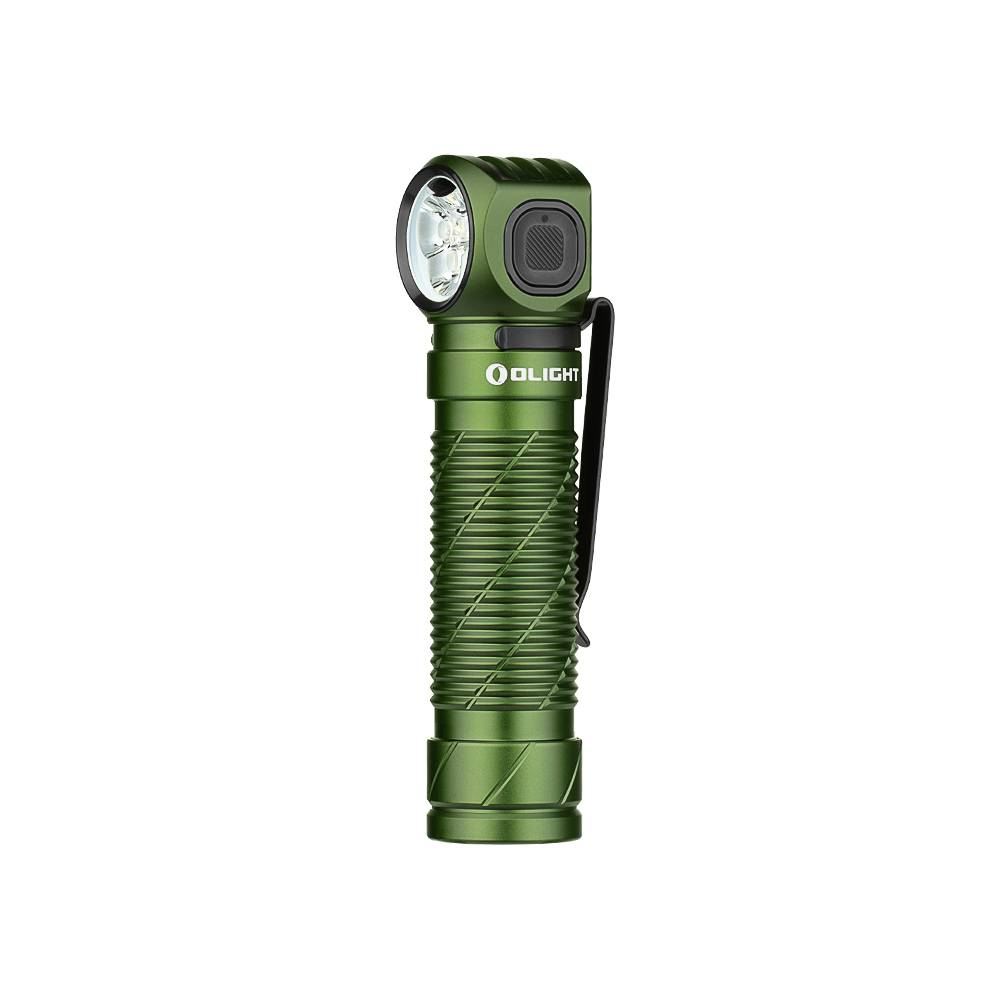 Eine grüne Olight-Taschenlampe mit Clip, weißem LED-Licht und einem Schalter an der Seite auf weißem Hintergrund.