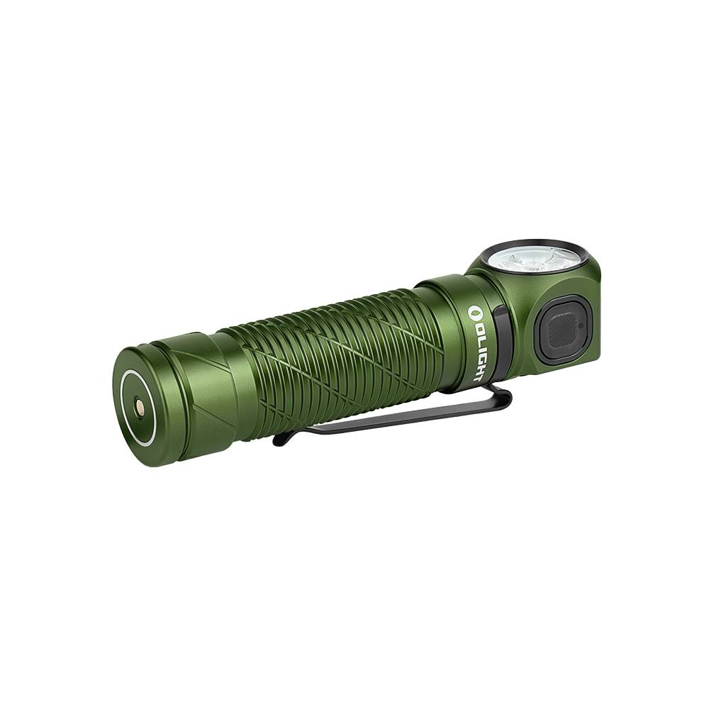 Eine grüne Olight Taschenlampe mit Clip und rechtem Winkel auf weißem Hintergrund.