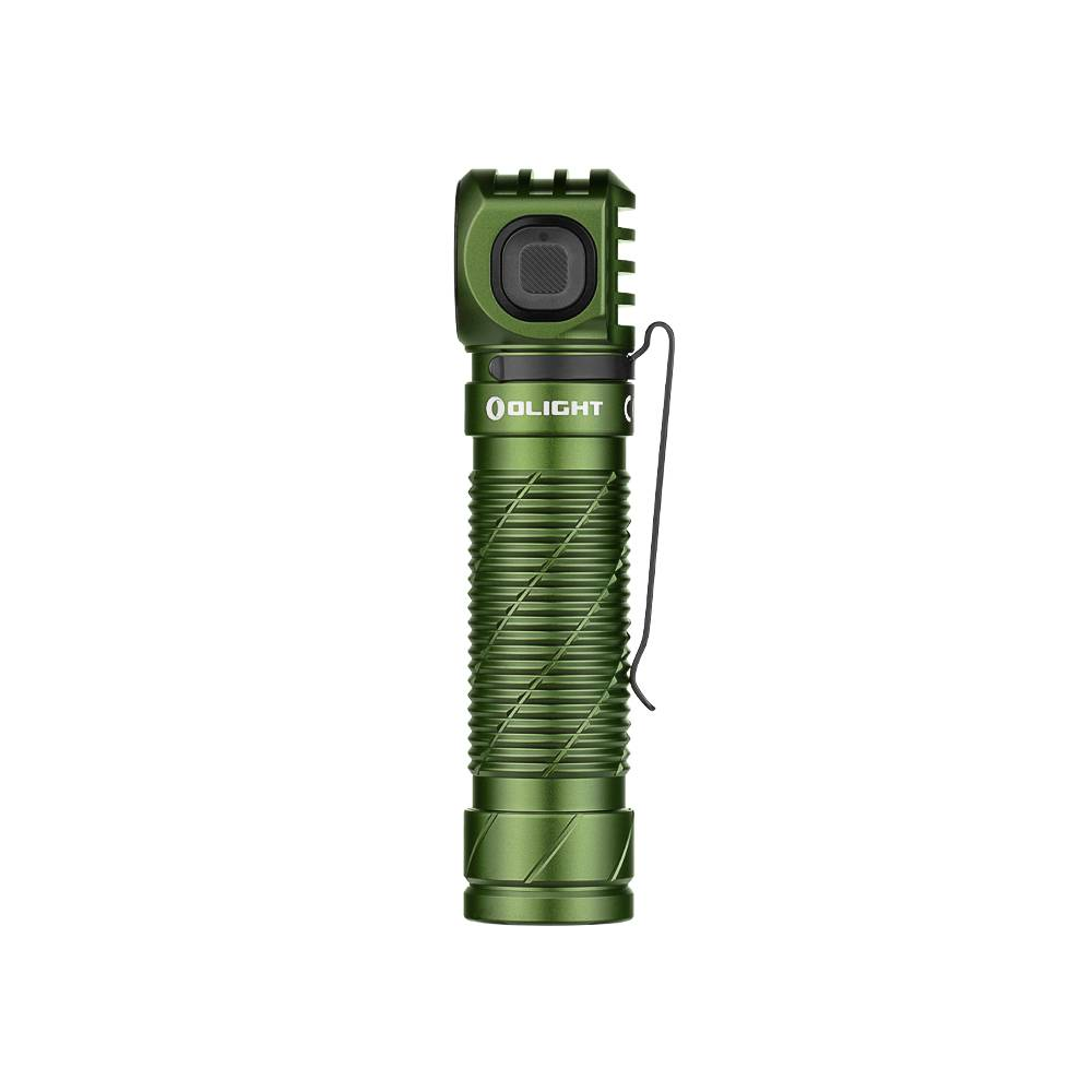 Eine grüne Olight-Taschenlampe mit Clip auf weißem Hintergrund.