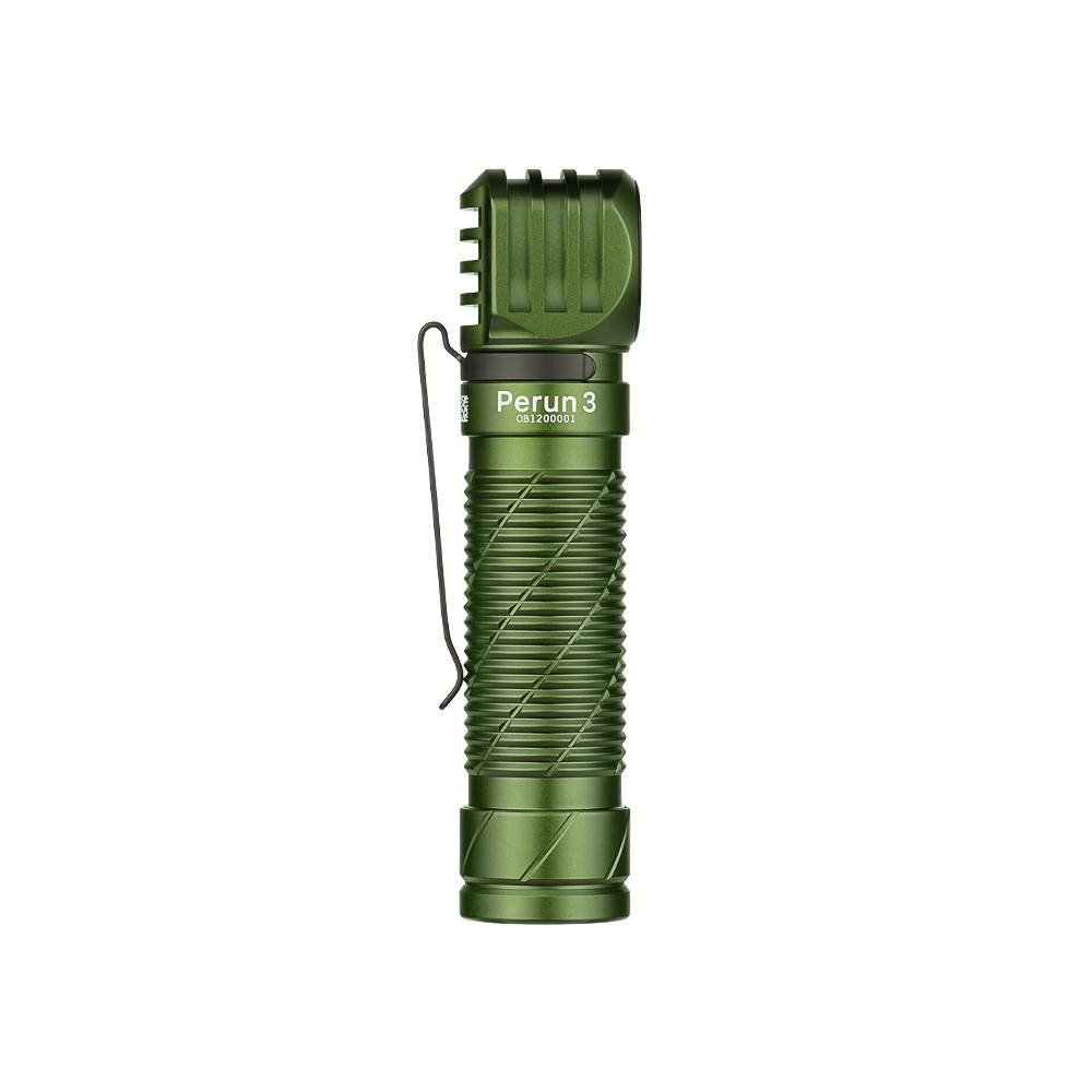 Eine grüne Perun 3 Taschenlampe mit geripptem Gehäuse und schwarzem Taschenclip vor weißem Hintergrund.