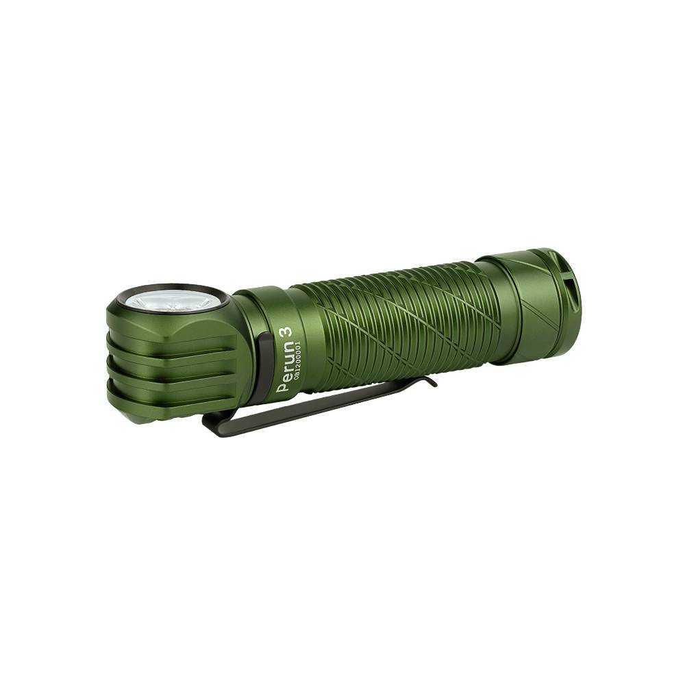 Eine grüne Perun 3 Taschenlampe mit schwarzem Clip und geriffeltem Gehäuse vor weißem Hintergrund.
