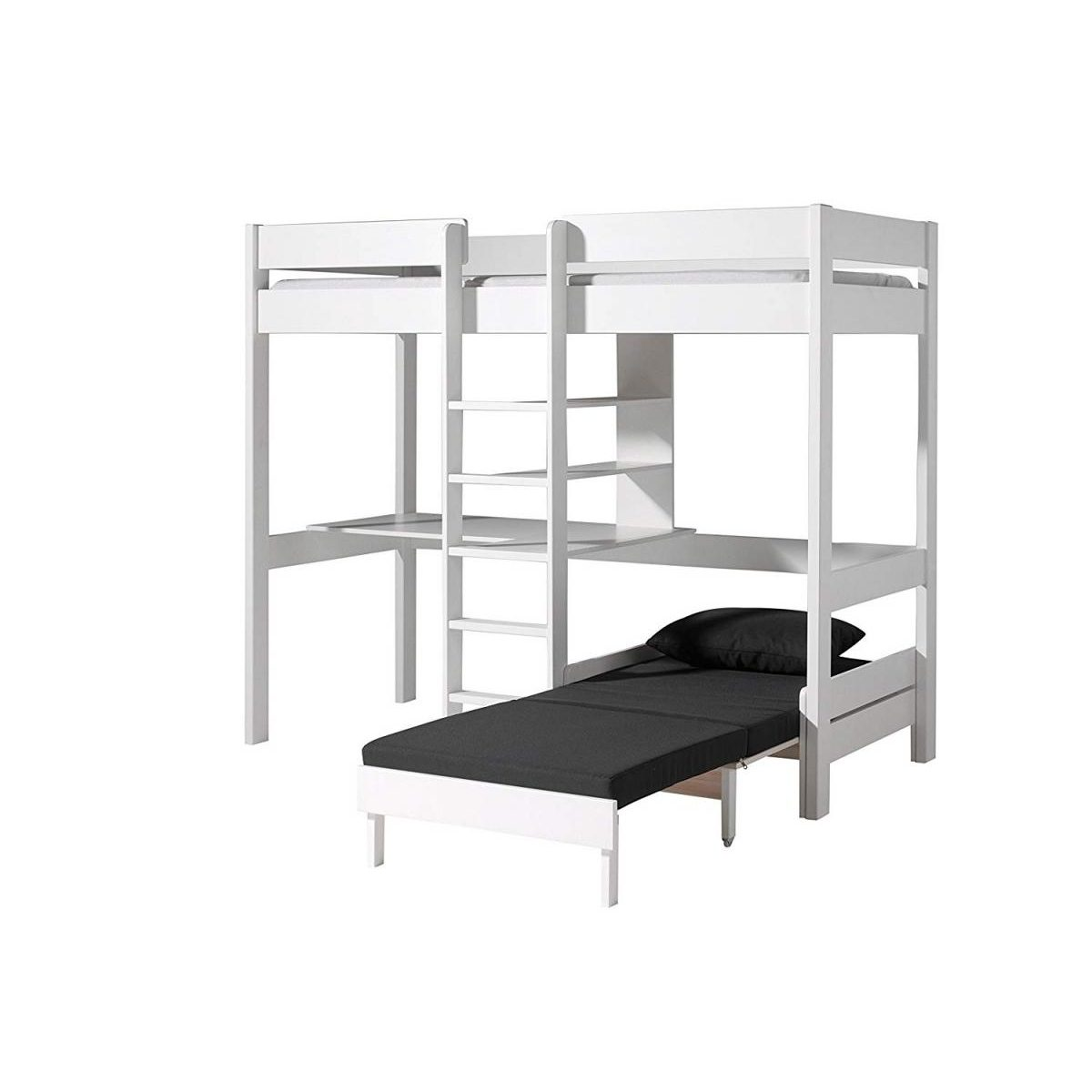 Weißes Etagenbett mit integriertem Schreibtisch, Leiter und ausziehbarem Bett mit schwarzer Matratze auf weißem Grund.