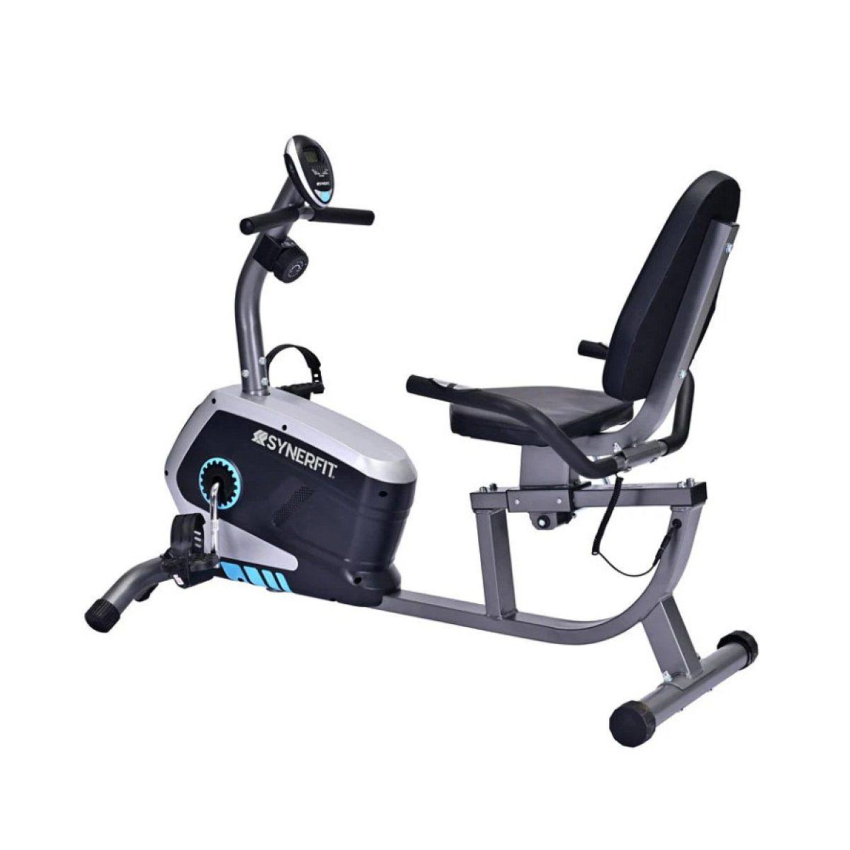 Ein grauer und schwarzer Liegeheimtrainer mit einem Display und verstellbarem Sitz auf weißem Hintergrund.