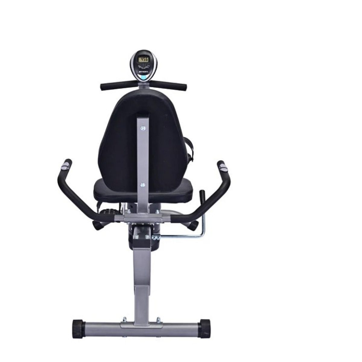 Ein grauer Heimtrainer mit schwarzem Sitz und Display, von hinten aufgenommen vor weißem Hintergrund.