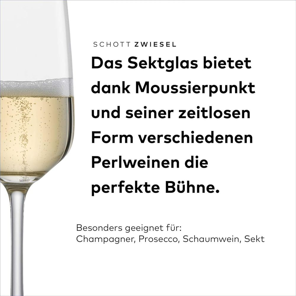 Ein gefülltes Sektglas links mit deutschem Werbetext und Schott Zwiesel Logo.