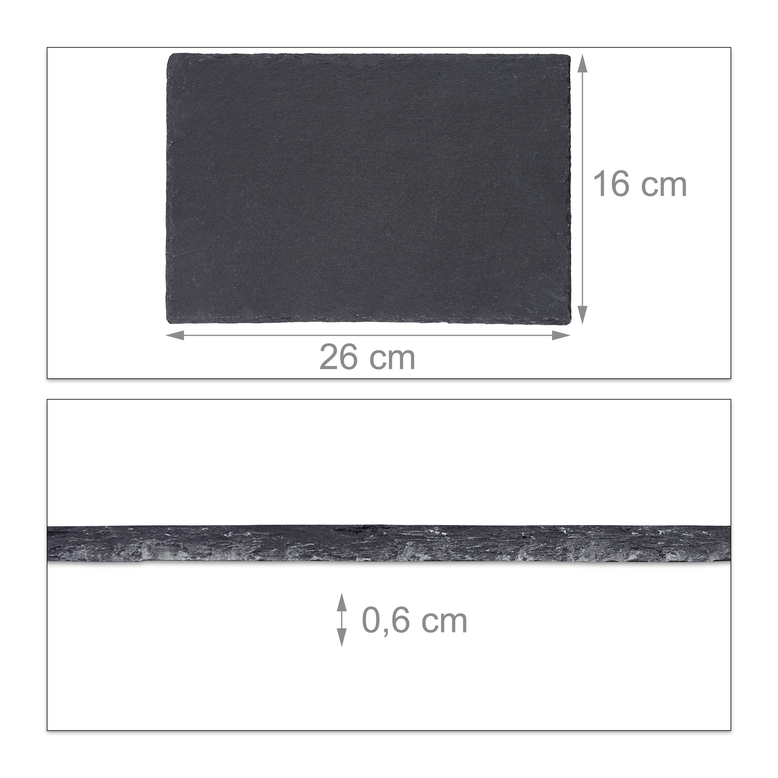 Rechteckige, dunkelgraue Schieferplatte mit den Maßen 26 cm x 16 cm und einer Dicke von 0,6 cm.