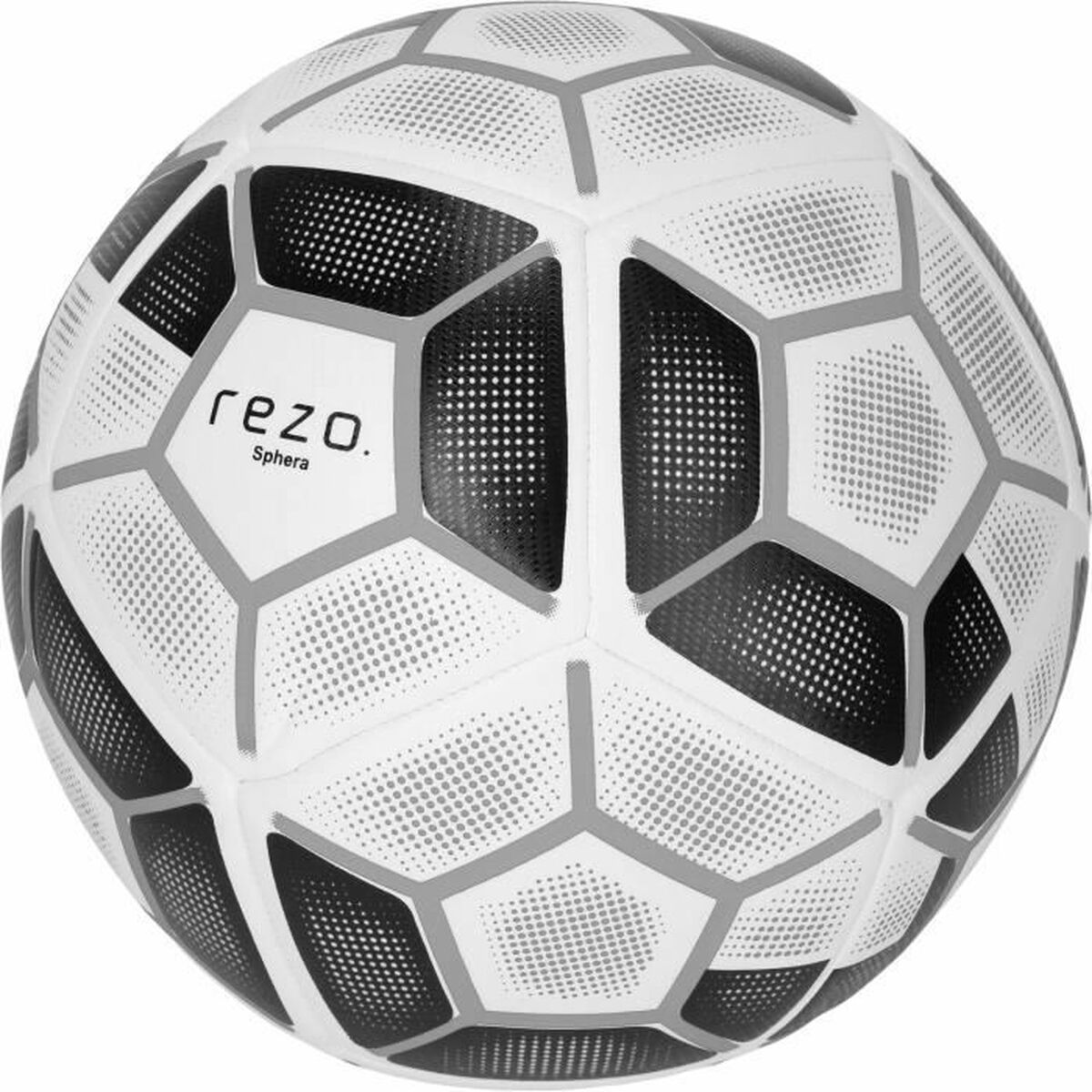 Ein weiß-schwarzer Fußball mit geometrischem Muster und dem Aufdruck rezo. Sphera.