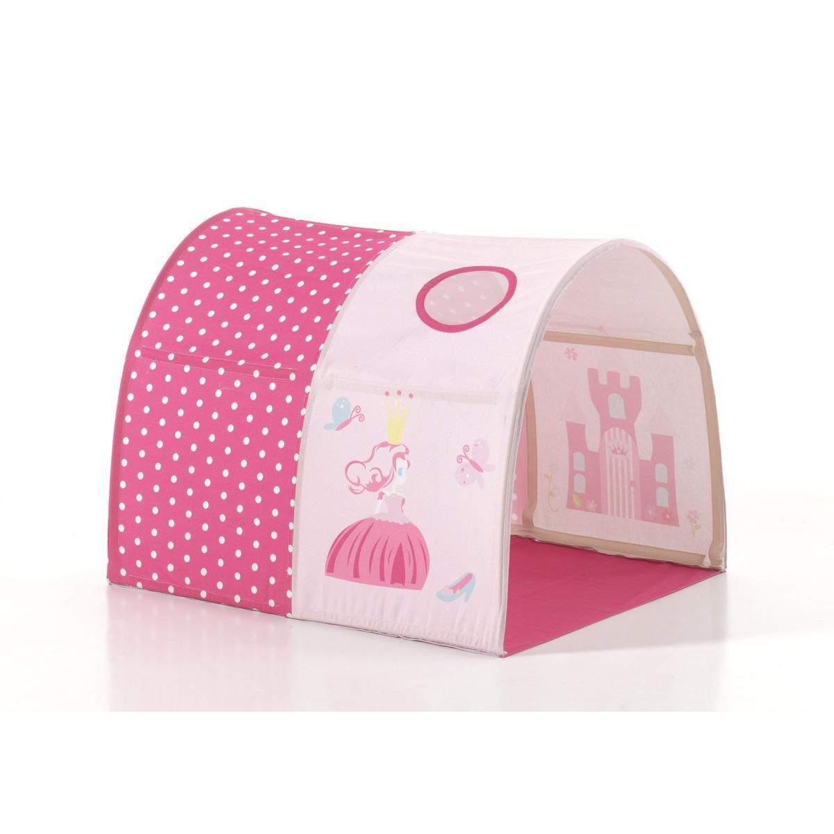 Ein rosafarbenes Kinderspielzelt mit weißen Punkten, Prinzessinnen- und Schlossmotiven auf weißem Hintergrund.
