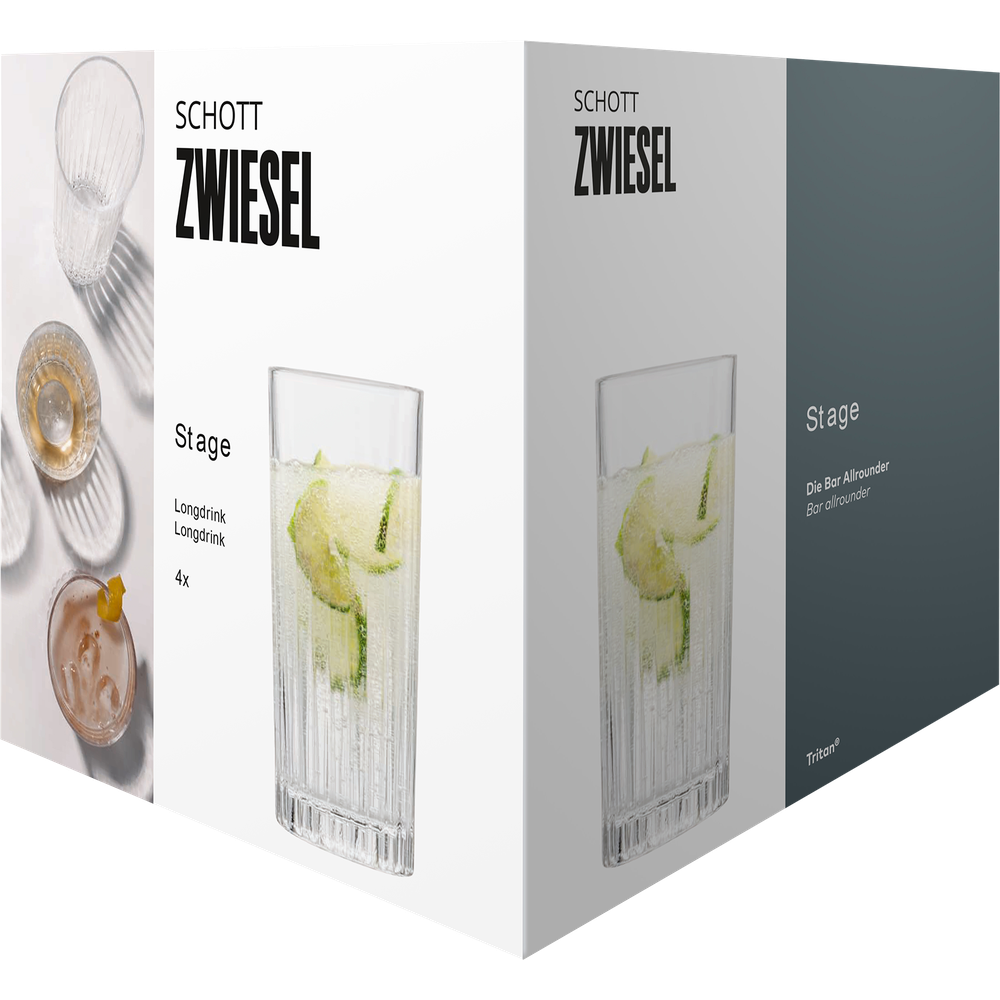 Verpackungskarton für Schott Zwiesel Stage Longdrinkgläser mit Produktbildern, Text und minimalistischem Design.