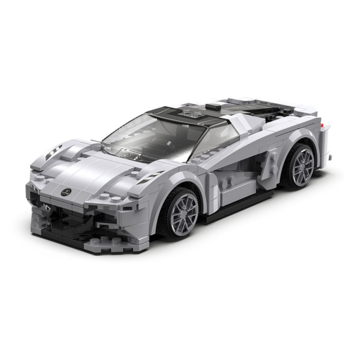 Ein weißes Lego-Spielzeugauto auf weißem Hintergrund.