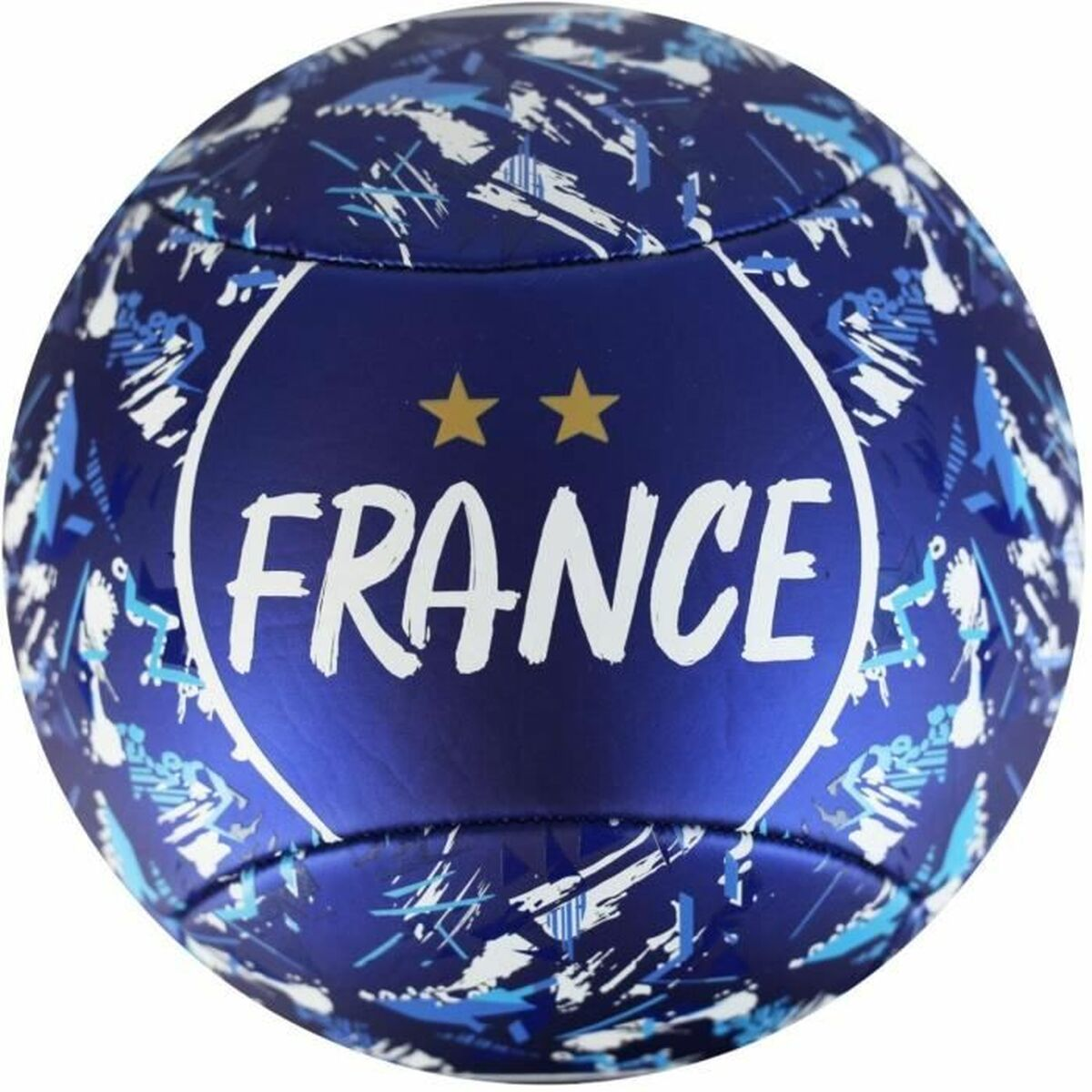 Ein blauer Fußball mit weißem Muster, der Aufschrift FRANCE und zwei goldenen Sternen.