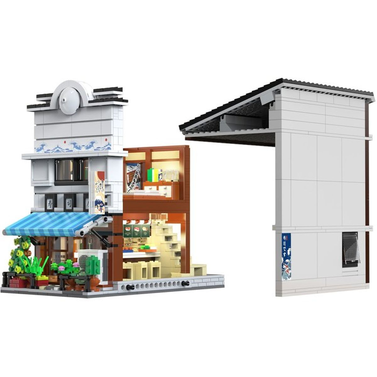 Ein Lego-Modell eines japanischen Gebäudes, bei dem ein Teil der Wand abgenommen ist, um den beleuchteten Innenraum zu zeigen.