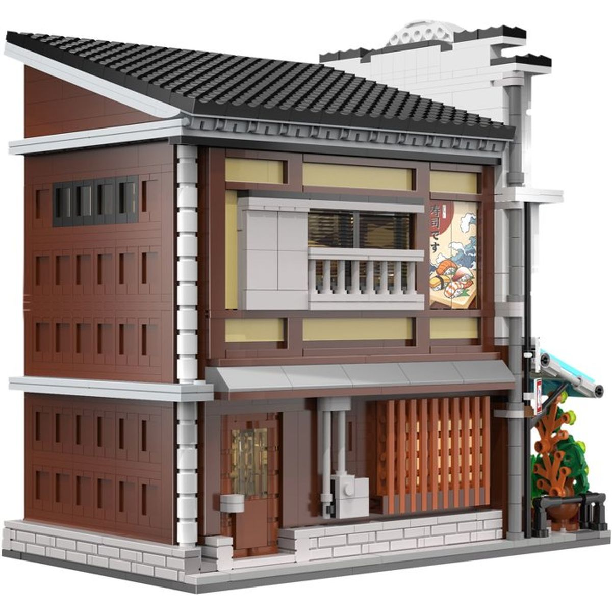 Ein detailliertes Lego-Modell eines japanischen Gebäudes mit braunen Wänden, Schrägdach und einer Sushisouvenir-Werbung.
