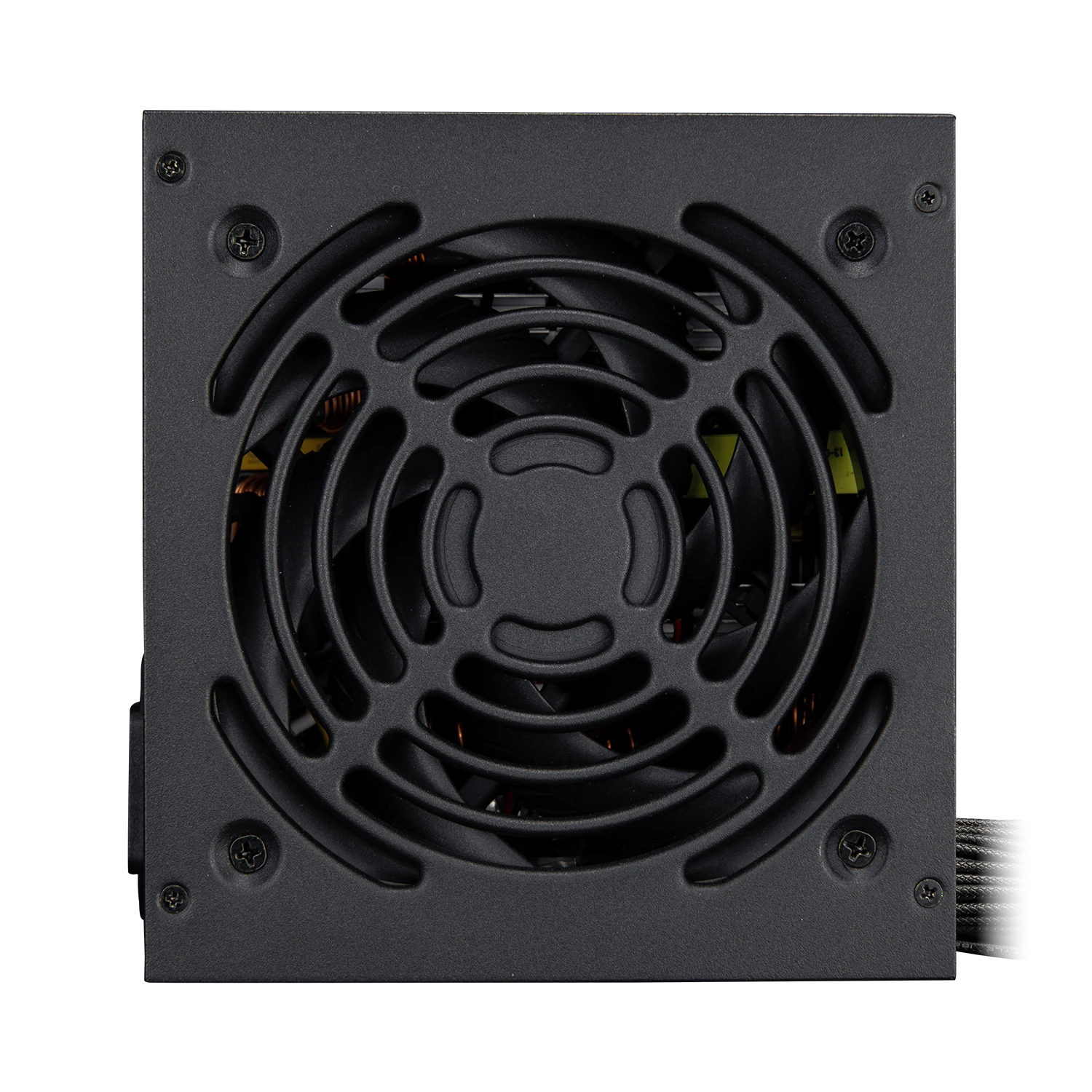 Schwarzes PC-Netzteil mit grossem eingebauten Kuehlventilator und schützendem Gitter.