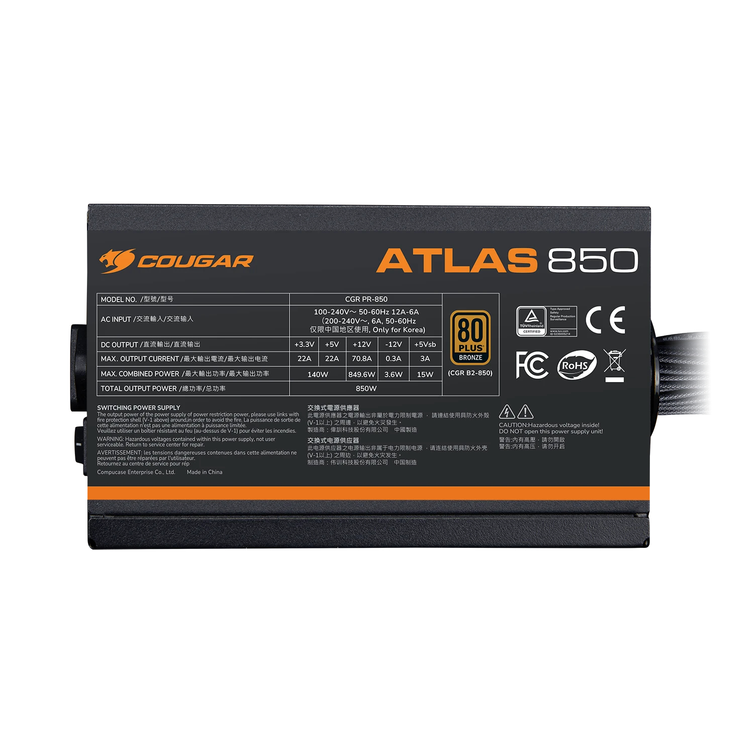 Schwarzes Cougar Atlas 850 Netzteil mit technischen Spezifikationen und Zertifizierungslogos auf der Seite.
