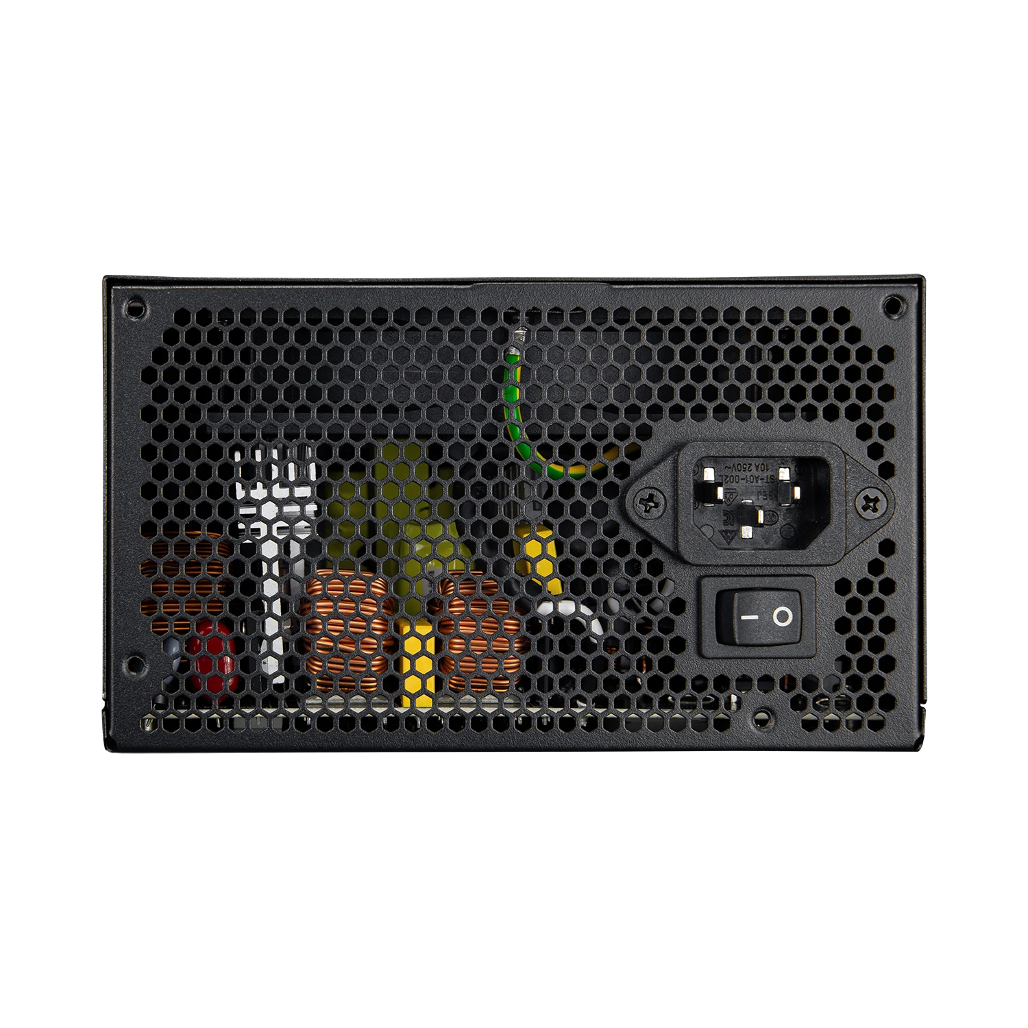 Rückseite eines schwarzen PC-Netzteils mit Wabengitter, Steckdose und Schalter.