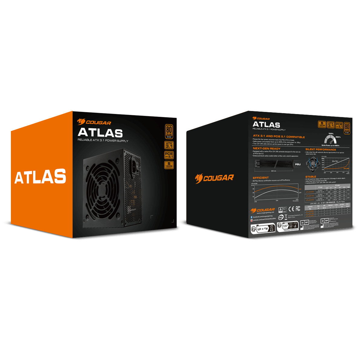 Zwei schwarze Cougar Atlas ATX 3.1 Netzteilverpackungen mit orangefarbenen Akzenten und Produktdetails.