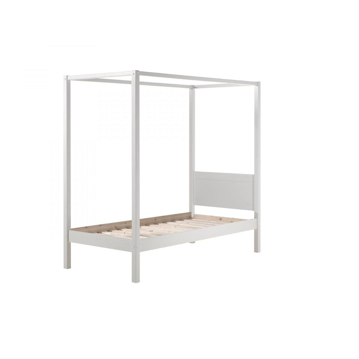 Ein weißes Himmelbett aus Holz mit offenem Rahmen und sichtbarem Lattenrost.