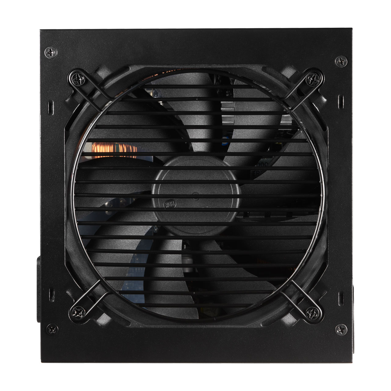 Ein schwarzes PC-Netzteil mit großem internen Lüfter und Schutzgitter.