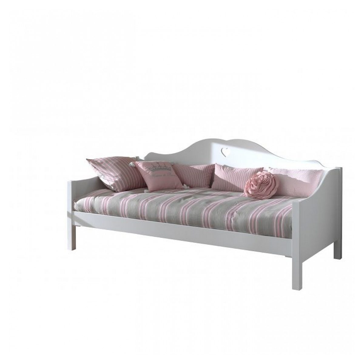 Ein weißes Holzbett mit rosa-grau gestreifter Matratze und passenden Kissen vor einem weißen Hintergrund.