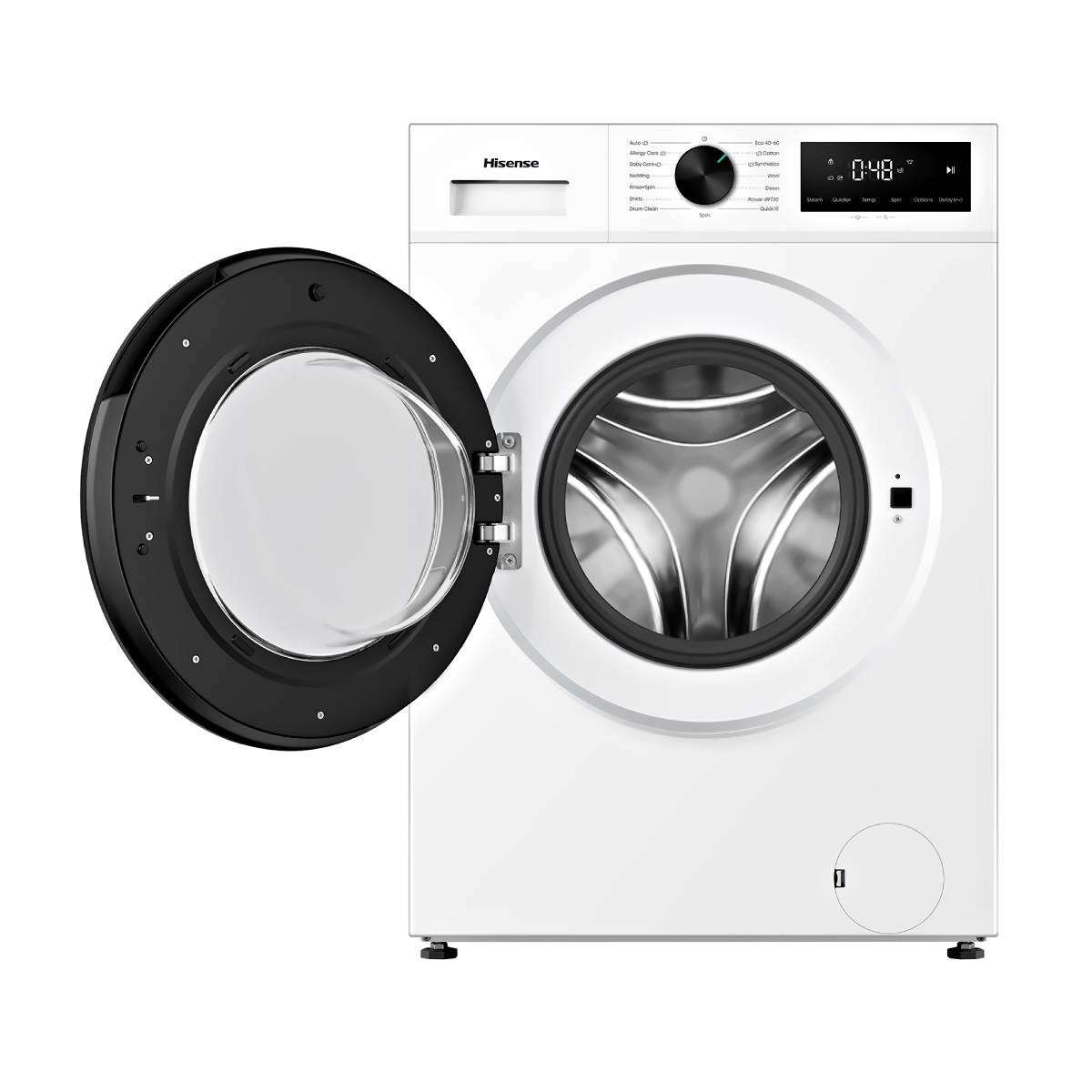 Una lavatrice Hisense bianca con sportello nero aperto e cestello in acciaio inox su sfondo bianco.