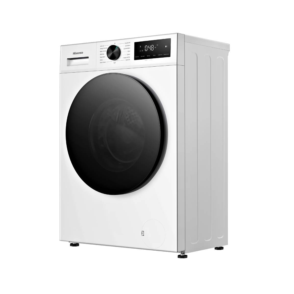 Una lavatrice bianca Hisense con grande anta nera, manopola di controllo e display digitale su sfondo bianco.