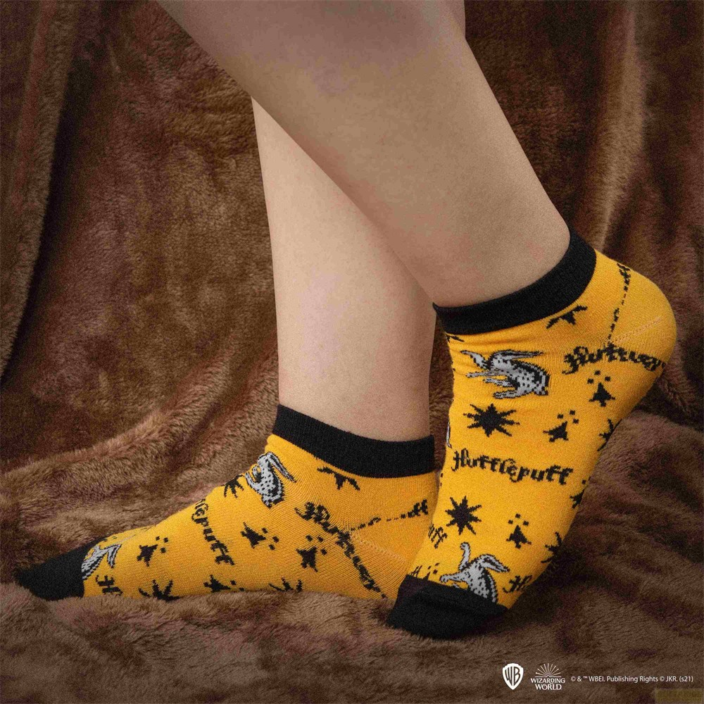 Persona con calcetines amarillos de Hufflepuff con detalles negros sobre fondo marrón.