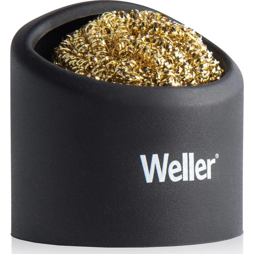 Eine schwarze Weller Lötspitzenreiniger-Dose mit goldfarbenem Messingwolle-Einsatz auf weißem Hintergrund.