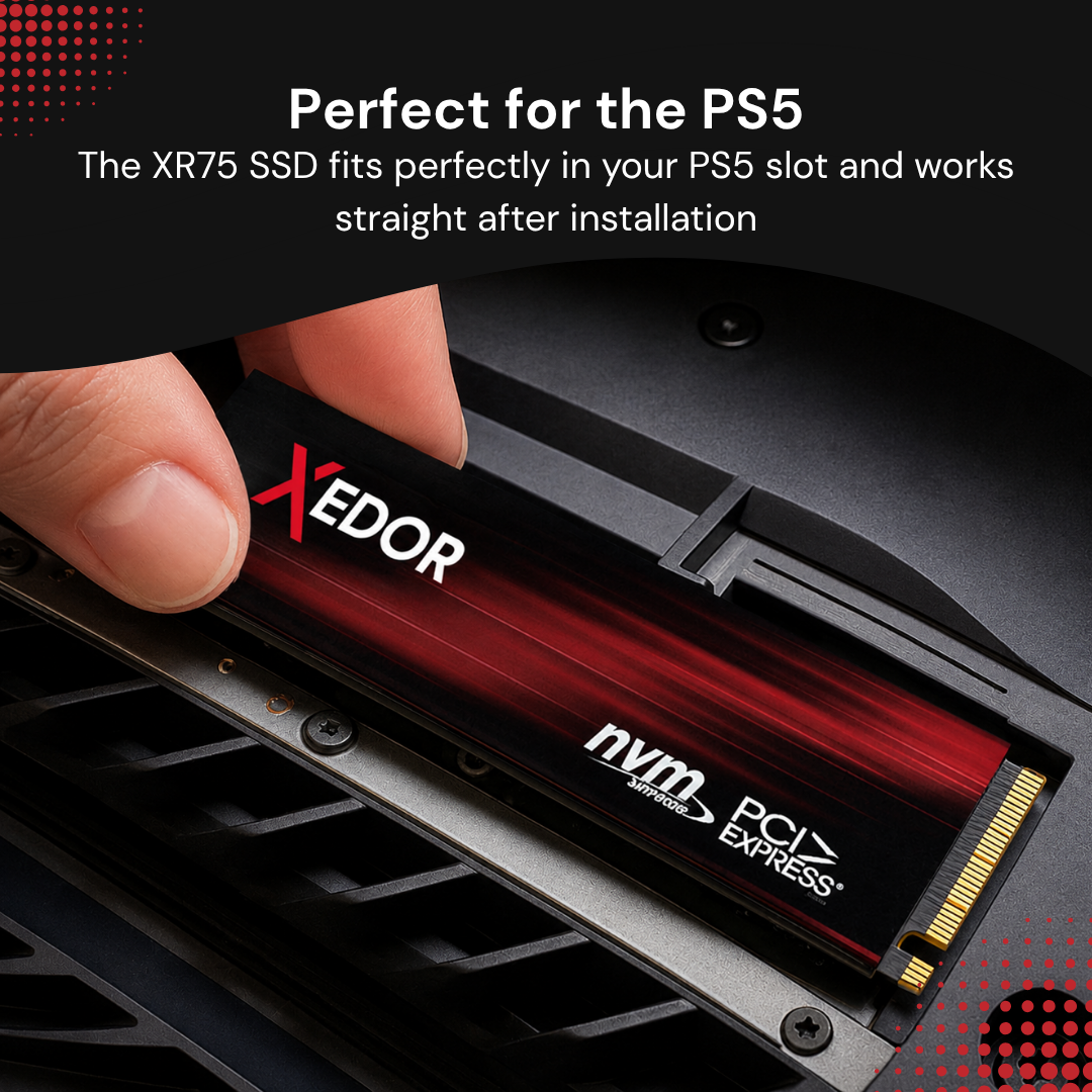 A hand installs an XEDOR NVMe SSD into the expansion slot of a PS5 console.
