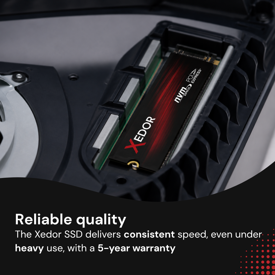 An Xedor SSD is installed inside a console slot above text highlighting its reliable quality and 5-year warranty.