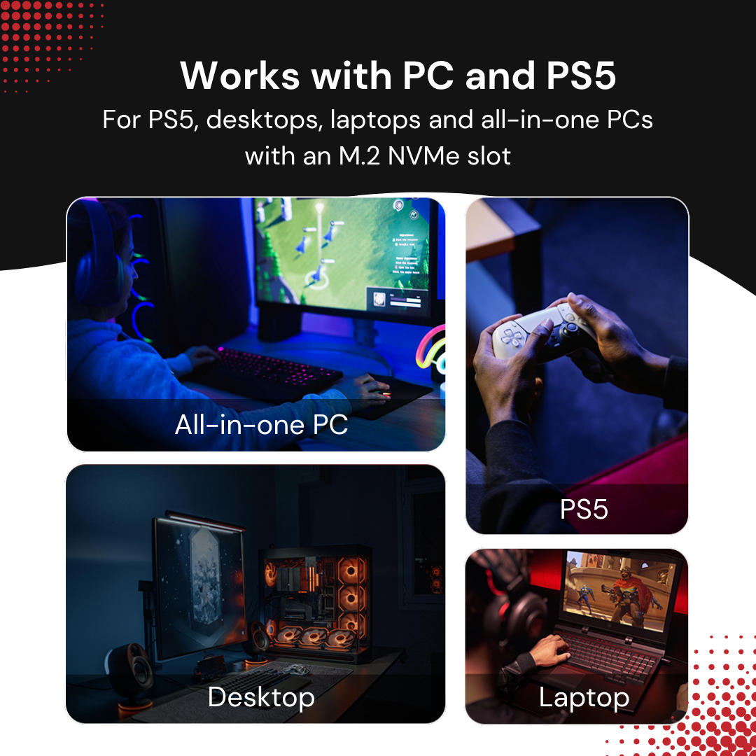 Promotional image showing PC and PS5 compatibility with three gaming setups and a controller.