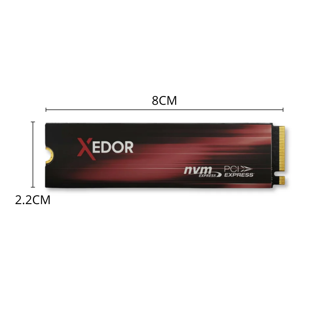A black and red Xedor NVMe PCIe SSD with dimensions of 8cm in length and 2.2cm in width.