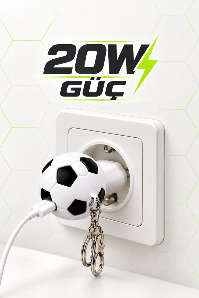 USB kablosu ve anahtarlarla prize takılı beyaz futbol topu şeklinde adaptör.