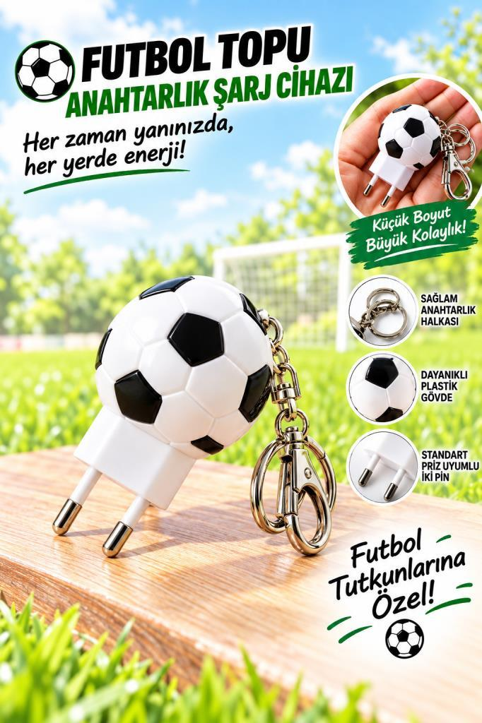 Bulanık futbol sahası arka planında anahtarlıklı futbol topu şeklinde şarj cihazı.