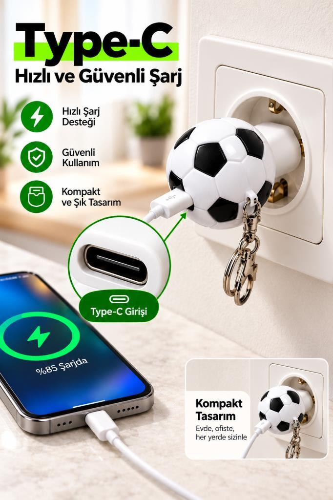 Prizde takılı futbol topu şeklinde USB-C şarj aleti telefonu şarj ediyor.