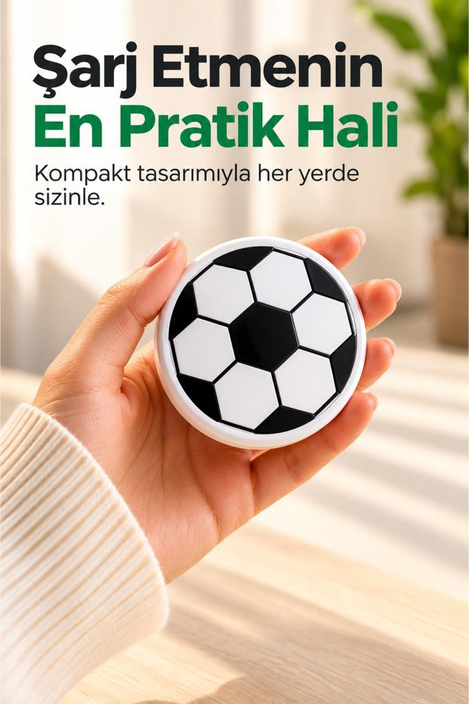 Bir el, üstünde Türkçe metin ve bulanık arka planla futbol desenli kompakt bir şarj cihazı tutuyor.