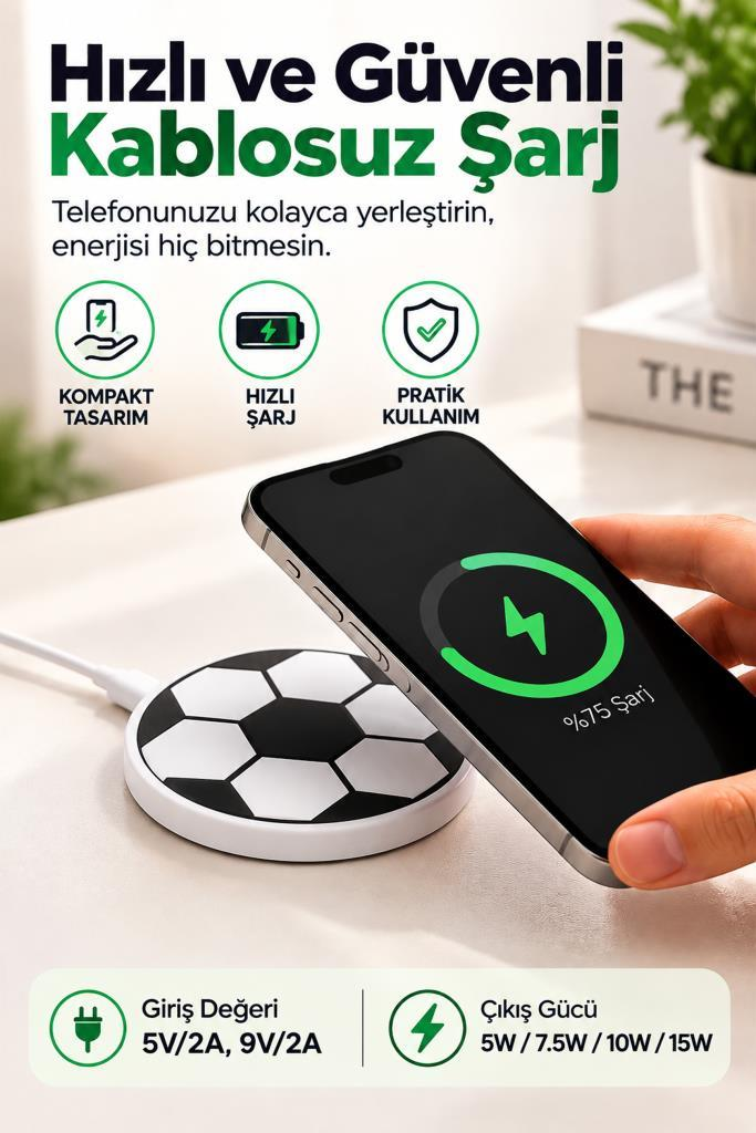 Futbol topu desenli kablosuz şarj cihazına yerleştirilen telefon, üstte metin.