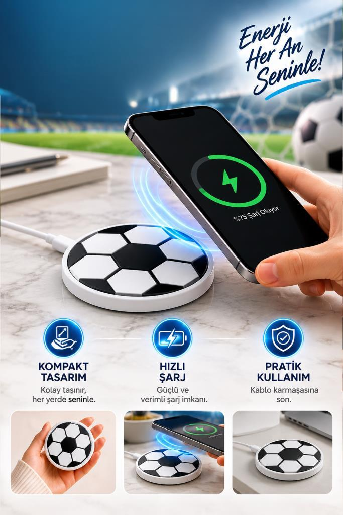 Futbol topu desenli kablosuz şarj cihazı üzerinde şarj olan bir akıllı telefon ve simgeler.
