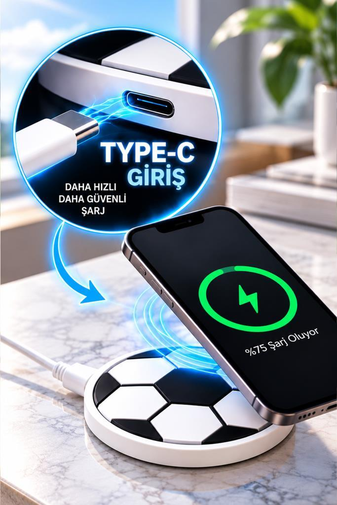Type-C girişli futbol topu şeklindeki kablosuz şarj cihazında şarj olan akıllı telefon.