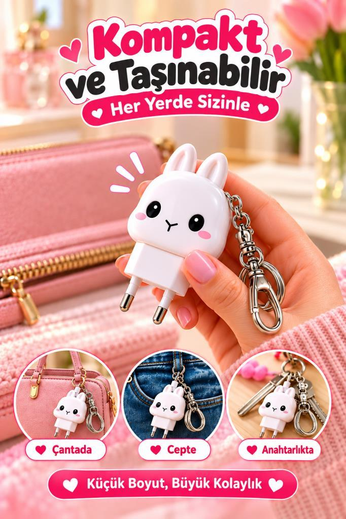 Kadın elinde anahtarlıklı beyaz tavşan şeklinde duvar şarj cihazı.