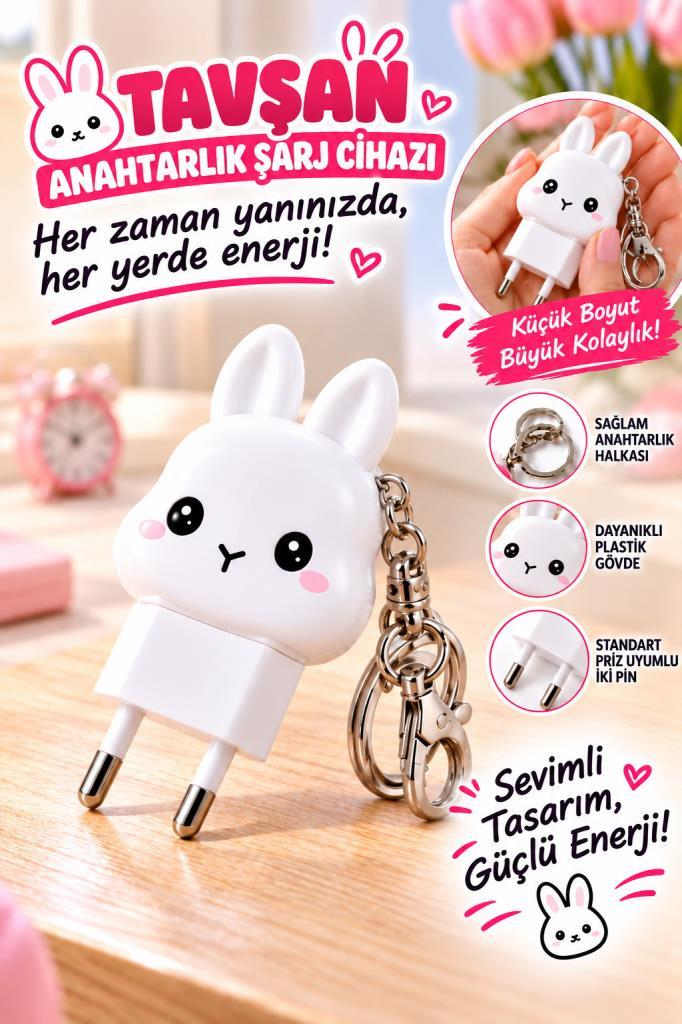 Priz fişli ve metal halkalı, sevimli beyaz tavşan tasarımlı anahtarlık şarj cihazı.