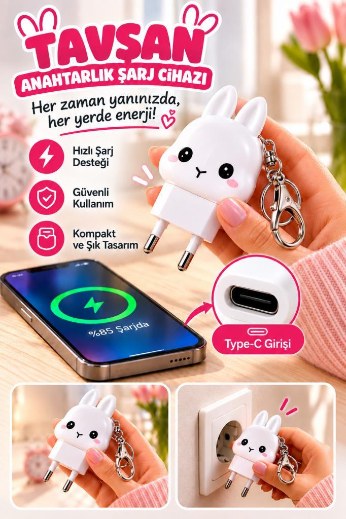 Oda içinde akıllı telefon ve aksesuarlarıyla birlikte beyaz tavşan şeklinde USB-C anahtarlık şarj cihazı.