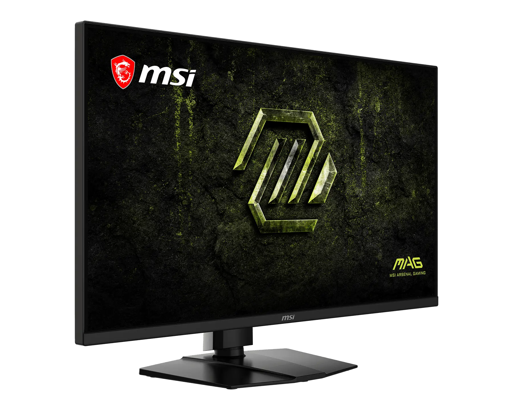 Un monitor da gioco MSI su supporto nero, che mostra uno sfondo scuro con logo verde.